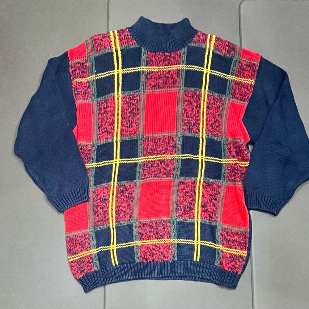 Vintage Leslie Fay Sweater Thick Plaid Ugly Christmas Cotton Blend 90s Womens XL